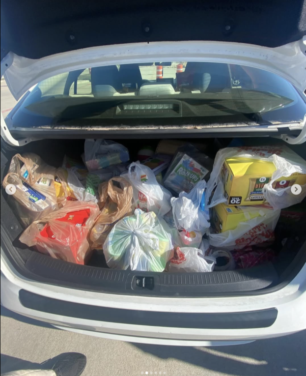 donations in grocery bags in a trunk